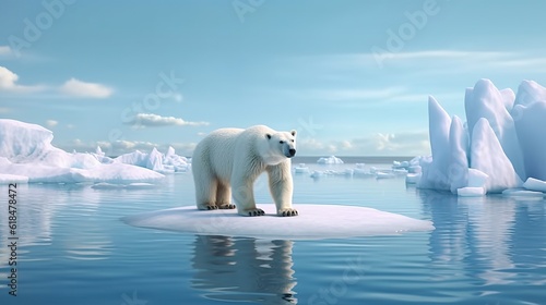 Polar bear standing on a melting glacier in the middle of the ocean. Climate change and global warming concept.