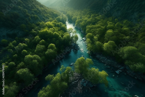 Nature, landscape and river with trees in forest for environment, sustainability and flora. Peace, ai generated and aerial view with water stream in countryside for foliage, paradise and wilderness © Chanelle/Peopleimages - AI