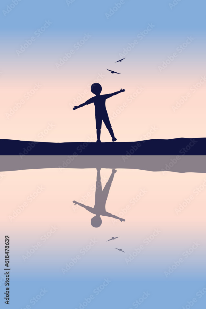 happy little boy dream about flying with birds by the lake at sunset silhouette vector illustration EPS10