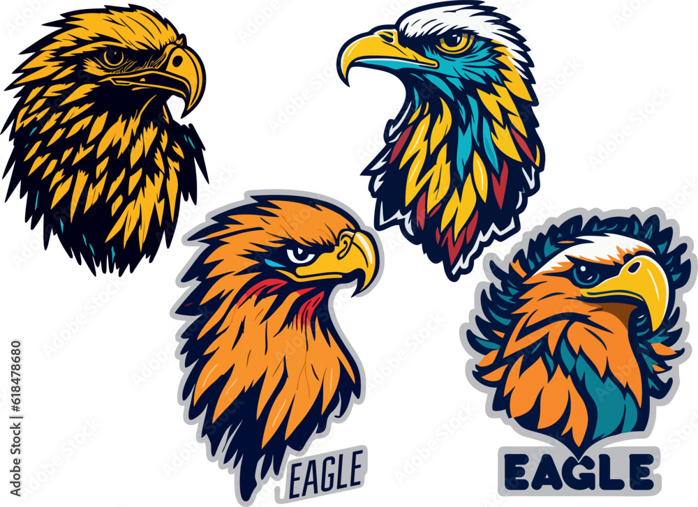 Obraz premium set, collection of colored and multicolored logos and stickers with the image of an eagle, a large vigilant bird of prey