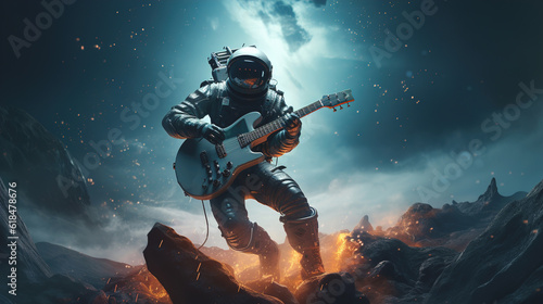 An astronaut plays the guitar on an alien planet. AI generation