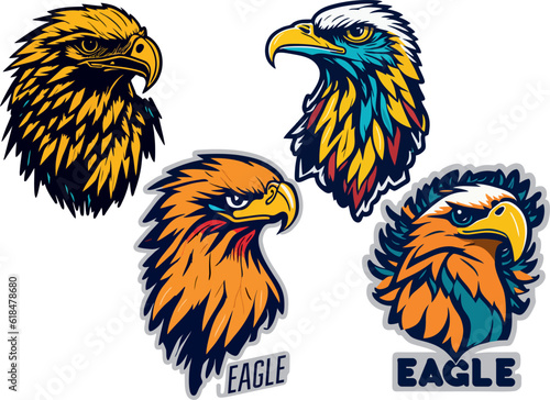 set  collection of colored and multicolored logos and stickers with the image of an eagle  a large vigilant bird of prey