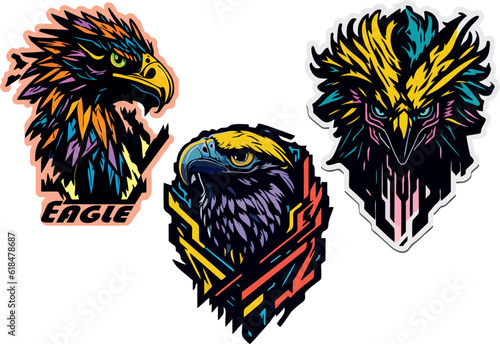 set, collection of colored and multicolored logos and stickers with the image of an eagle, a large vigilant bird of prey