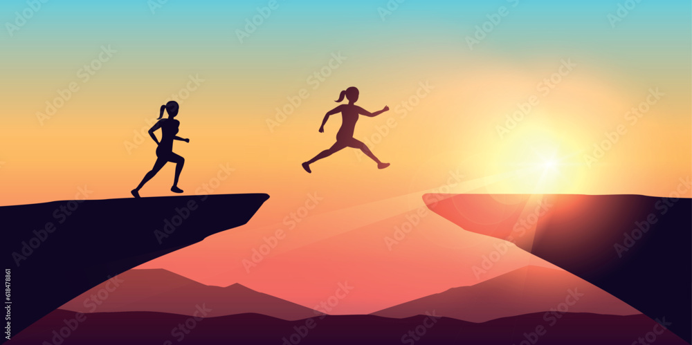 sporty woman successful jumping over a cliff at sunset vector illustration EPS10
