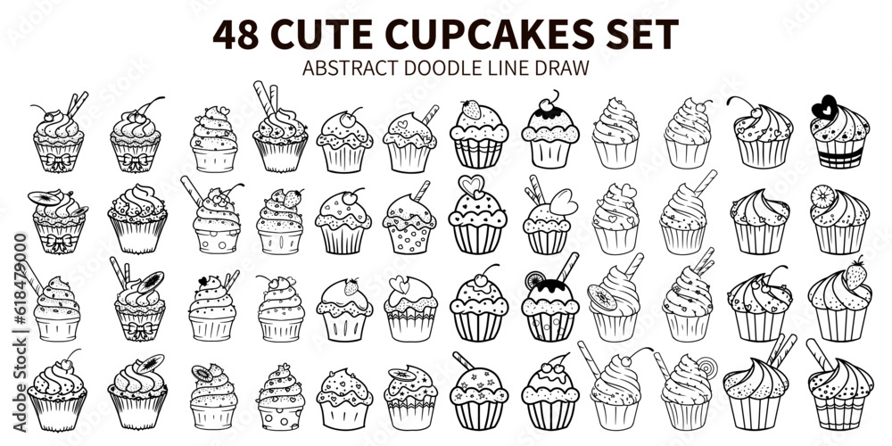 48 CUTE CUPCAKES SET. ABSTRACT DOODLE LINE DRAW. Art & Illustration