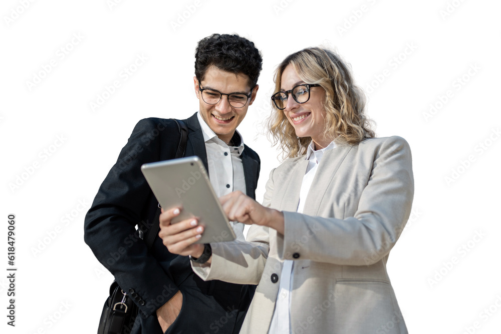 A couple of people are employees, colleagues, a man and a woman are office partners in an online startup project. transparent background, png. A couple of people are employees, colleagues, a man and a woman are office partners in an online startup project. transparent background, png.