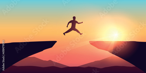 sporty man successful jumping over a cliff at sunset vector illustration EPS10