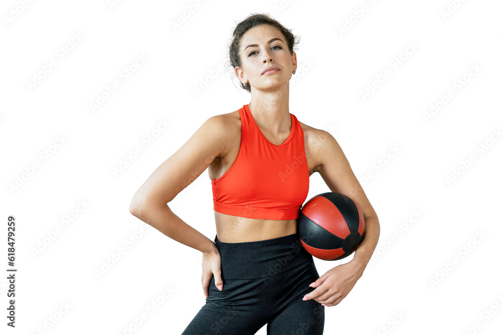 A cool young strong woman with a fitness ball, portrait looking at the camera in sportswear. transparent background, png. A cool young strong woman with a fitness ball, portrait looking at the camera in sportswear. transparent background, png.