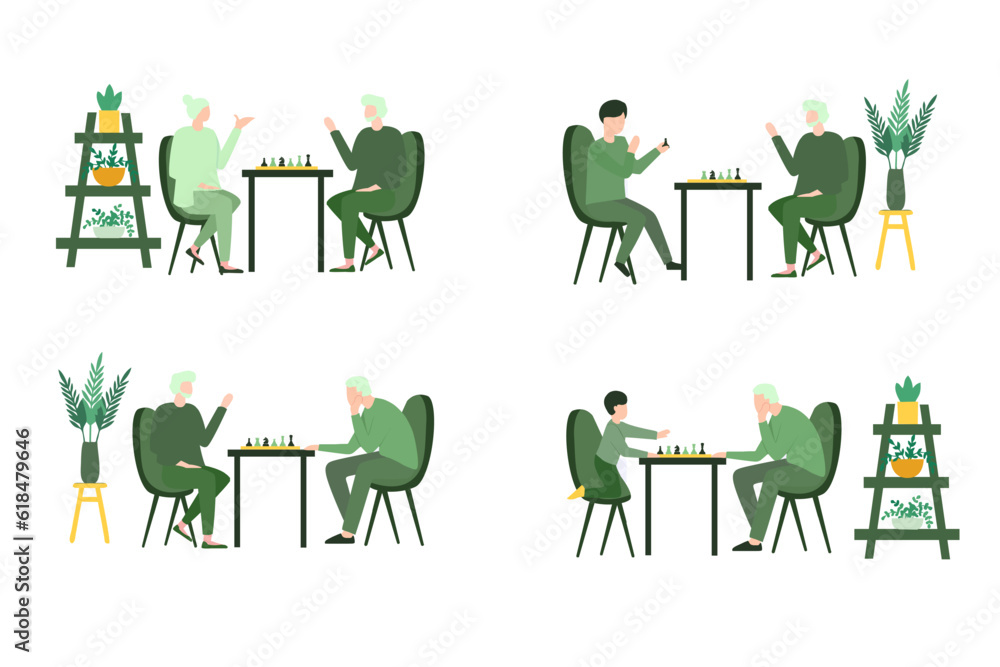 Fototapeta premium Vector illustration about Old people play chess set. Elderly peope sitting at the table with chessboard. Chess tournament between old and young. Isolated vector illustration in cartoon style.