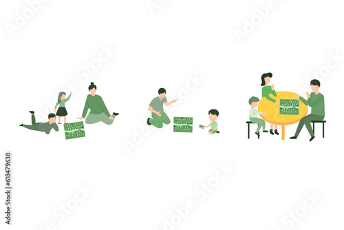 Vector illustration in cartoon flat about Board games family set. Parents with kids sitting at table and playing tabletop games. Spend time together. Mom,father,girl and boy at home. 