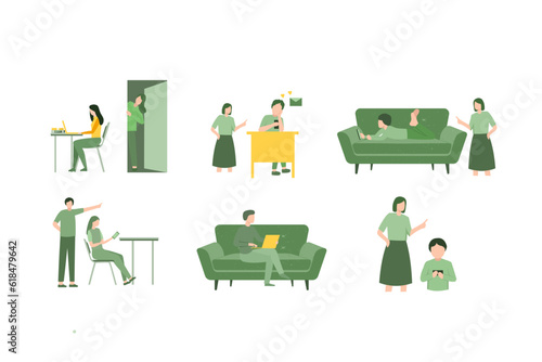 Vector Illustration about Problems of relations between teenagers and their parents. Dependence on gadgets. Ignoring teenagers of their parents. broken home, single parents. flat design isolated