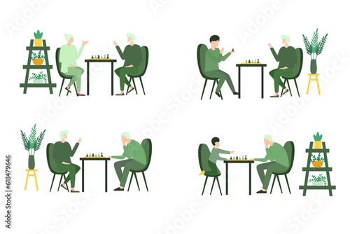Vector illustration about Old people play chess set. Elderly peope sitting at the table with chessboard. Chess tournament between old and young. Isolated vector illustration in cartoon style. photo