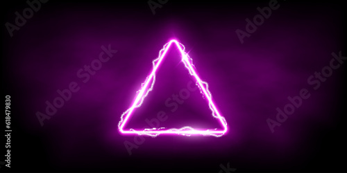 Magic purple triangle of thunder storm blue lightnings. Magic and bright light effects electric border. Pink plasma frame with thunderbolt electricity lightning power effect on dark fog background