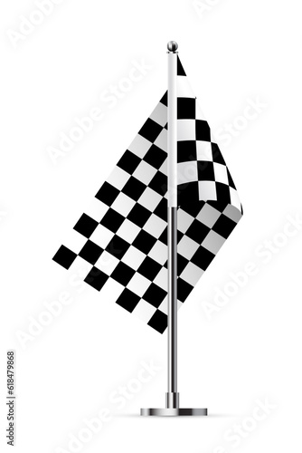 Black and white crossed race flag vector illustration. 3D realistic checkered flag on metal pole for start and finish of sport rally, moto racing flagpole, fabric pennant on pillar