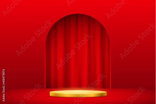 3D luxury golden podium, red curtain in arch of doorway vector illustration. Realistic showcase pedestal for premium beauty products presentation, empty stage with platform and niche in wall