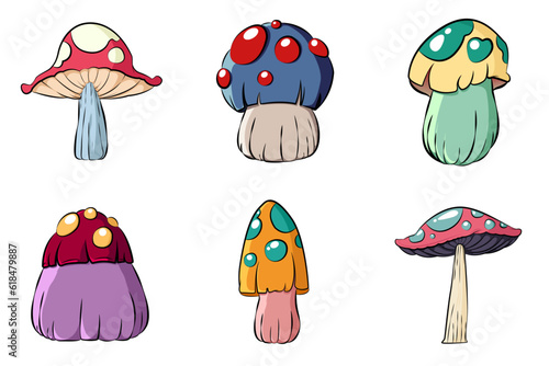 Set of mushrooms. Cartoon Mushroom. poisonous mushroom. Vector illustration isolated on white background.