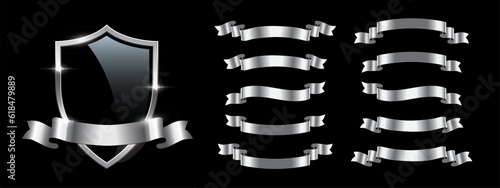 Black glass shield with silver ribbons set of different shapes, 3d glossy insignia or prize