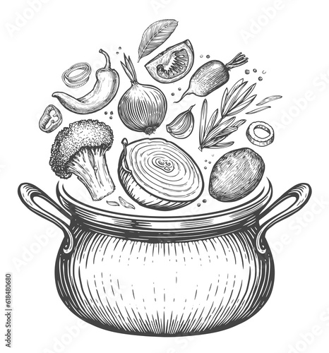 Fototapete Cooking pot with fresh vegetable ingredients isolated