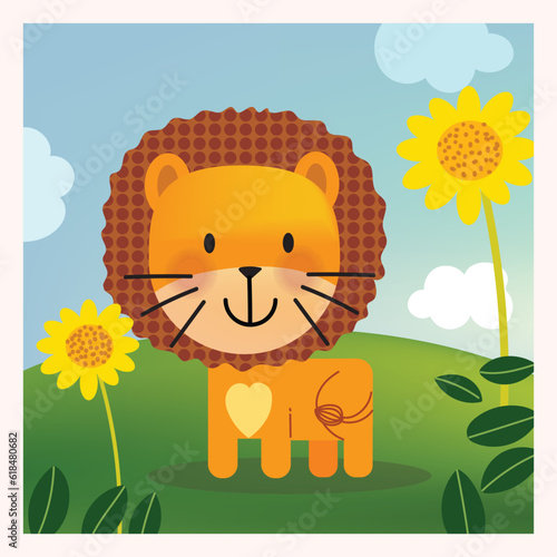 Illustration of cute lion cartoon hand drawn icon character vector zoo animal collection.