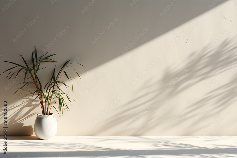 Beige concrete wall with a backdrop of foliage, evoking a sense of nature and serenity amidst the interplay of light and shadow. Generative AI, Generative, KI Beige concrete wall with a backdrop of foliage, evoking a sense of nature and serenity amidst the interplay of light and shadow. Generative AI, Generative, KI