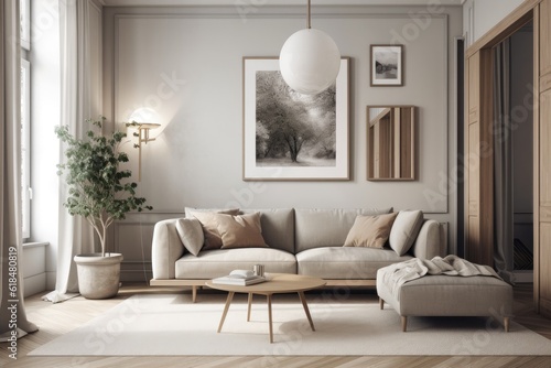 Illustration of a living room interior with a cozy sofa and a canvas for a mock up, presentation, or image background. Generative AI