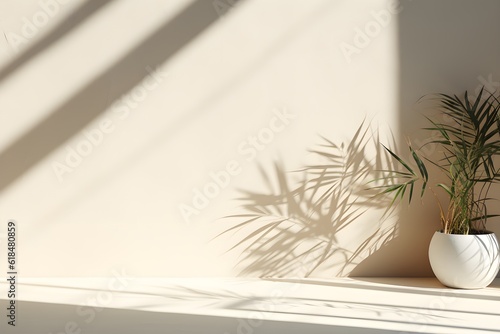 Beige concrete wall background, lush plants, captivating light and shadow play, tranquil ambiance, Generative AI, Generative, KI