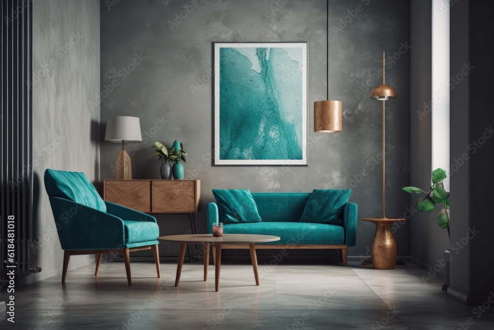 In the interior of a contemporary living room with a turquoise leather sofa and armchair, a floor lamp, and branches in a vase on a wooden coffee table, there is a vertical blank poster on a cyan conc In the interior of a contemporary living room with a turquoise leather sofa and armchair, a floor lamp, and branches in a vase on a wooden coffee table, there is a vertical blank poster on a cyan conc