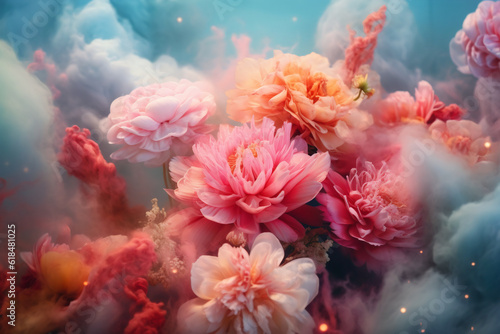 Illustration of beautiful pink, blue, pastel, orange colorful flowers surrounded by a thick cloud and smoke. Abstract creative idea of summer or spring. Natural scene. Generative. AI. © Santijago