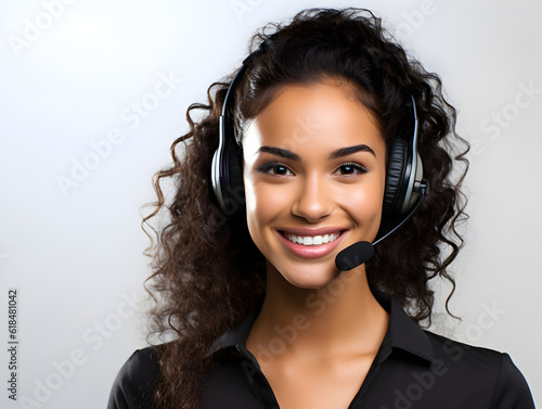 a woman with a call center headset smiling and wearing a black shirt, white background Generative AI