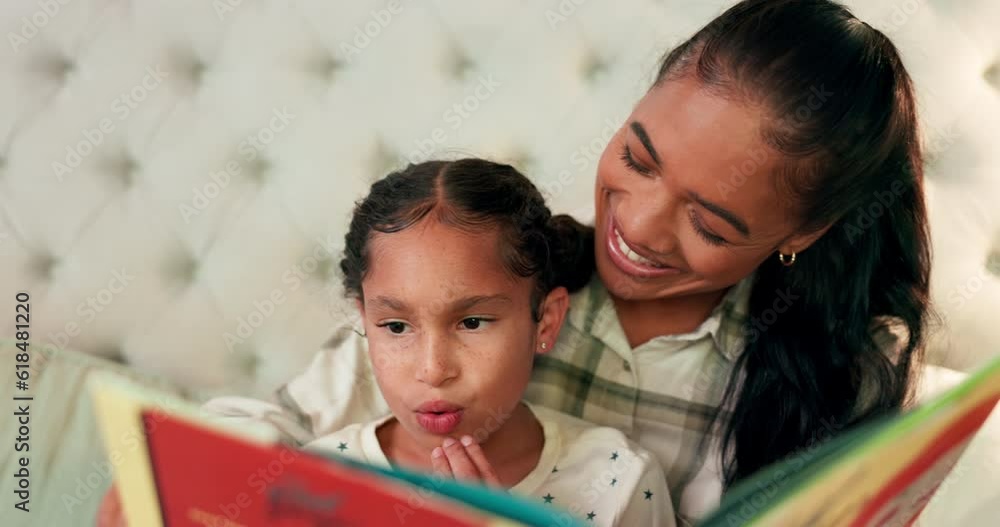 Reading, mother and daughter in bedroom with book, teaching and happy learning time in family home. Knowledge, fantasy and storytelling, mom and child relax on bed together with love, care and story.