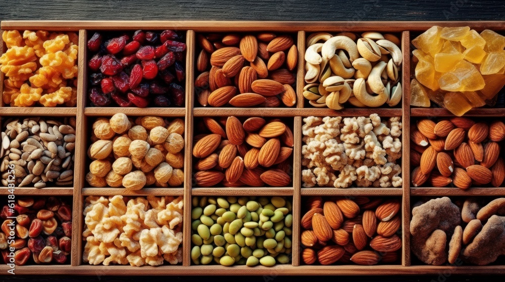 A selection of healthy snacks like nuts, seeds, and dried fruits. AI generated