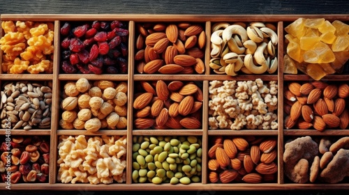 A selection of healthy snacks like nuts  seeds  and dried fruits. AI generated