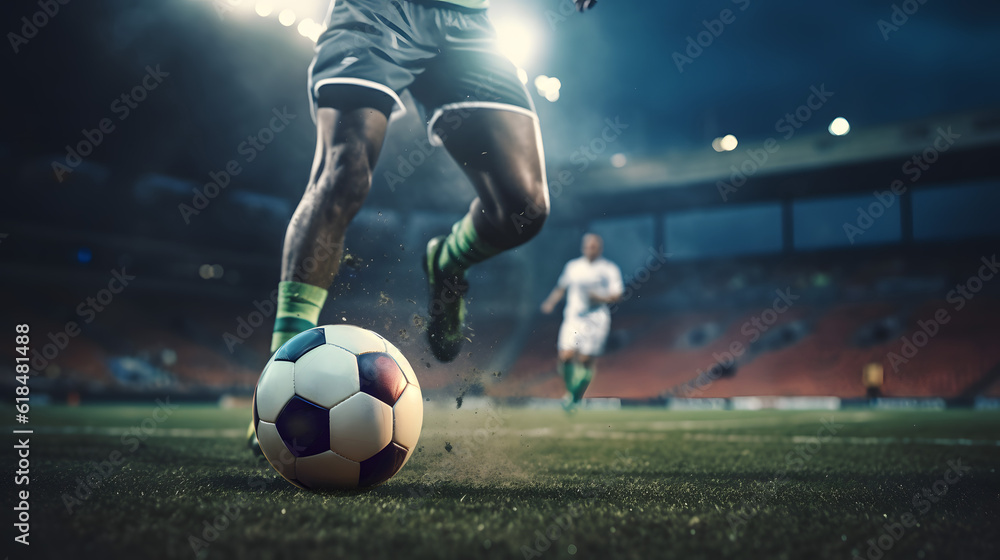 Preparation and Precision: Close-Up View of Soccer Striker Ready to Kick the Ball in the Stadium