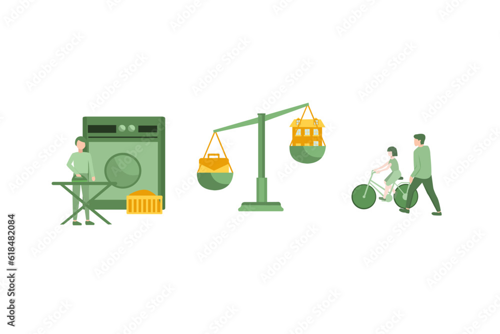 Vector Illustration of Father career and family balance metaphors. Parenting, multitasking, paternity leave. Single dad plating spending time with child and working abstract. Flat design illustration