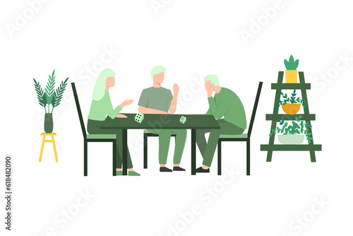 Vector illustration of Happy elderly playing bingo together. Old man and woman playing bingo. Seniors spend time together playing retro board game. Retirement lidestyle concept. Isolated flat design