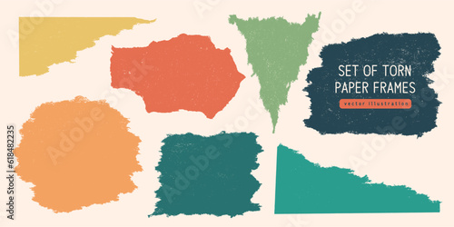 Set of Realistic Torn Paper Frames. Colored vector collage shape of ripped papers silhouettes isolated on white background. Old vintage paper backgrounds. Abstract overlay scratched design.