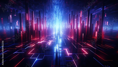 neon abstract background, tunnel, entrance with a secret door..
