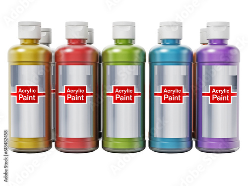 Acrylic paint bottles with color choices isolated on transparent background. 3D illustration photo