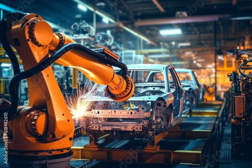 Cutting-edge car factory embraces Industry 4.0 with automated robot arms. Generative AI
