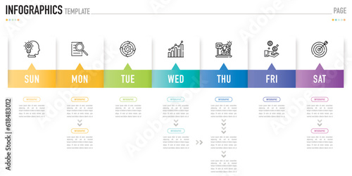 Schedule weekly infographic template or element with 7 day, step, process, option, colorful paper origami, arrow, bar, rectangle, minimal style for sale slide, planner, agenda, calendar, timetable photo