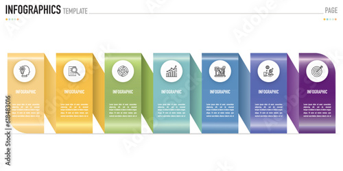 Spiral, funnel, ribbon infographic template or element with 7 step, process, option, colorful bar, circle, paper origami, metal color, metallic texture for sale slide, flowchart, workflow, agenda, web
