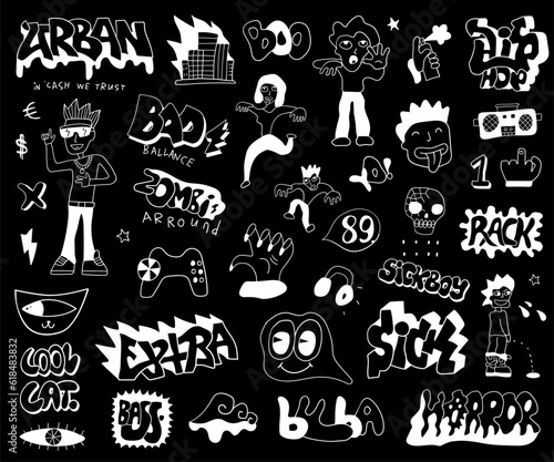 crazy doodle characters words graffiti style isolated white on black vector set, funny background for teenager
