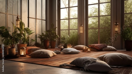 A serene meditation space with cushions and candles. AI generated