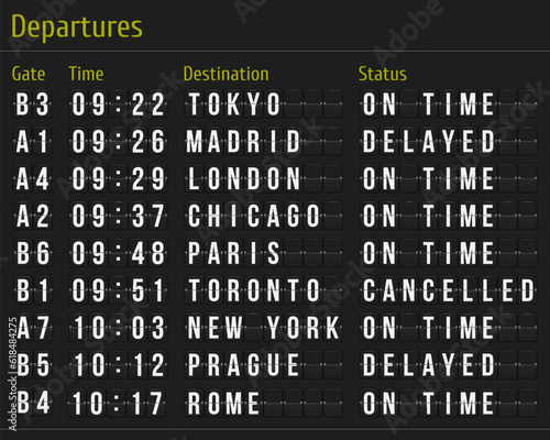 Airport board. Mechanical scoreboard. Realistic scoreboard with flip symbols. Vector template for your design.