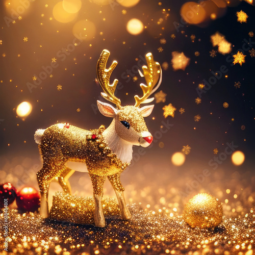 Gold reindeer and gold glitter particles with light bokeh background,Generative AI.
