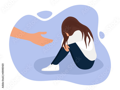 Support, care and help sad woman. Helping hand to cute girl with bad mood and negative emotions. Concept of Psychotherapy, addiction, empathy. Loneliness and despair in need of help and care. Vector
