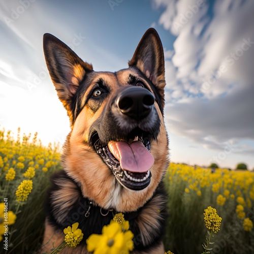 A Hyper Realistic Portrait of a German Shepherd eager happy Taken with a Nikon D7500 with a Wide Angle Lens Great Depth of Field Outdoors sunny field with flowers Extreme Detail upbeta q 2 v 4  photo