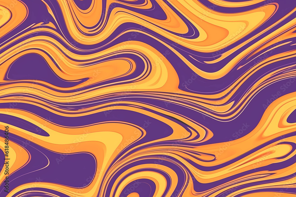 Psychedelic trippy Y2k retro background with bright swirl. Abstract liquid illustration. Purple and orange groovy wave print.