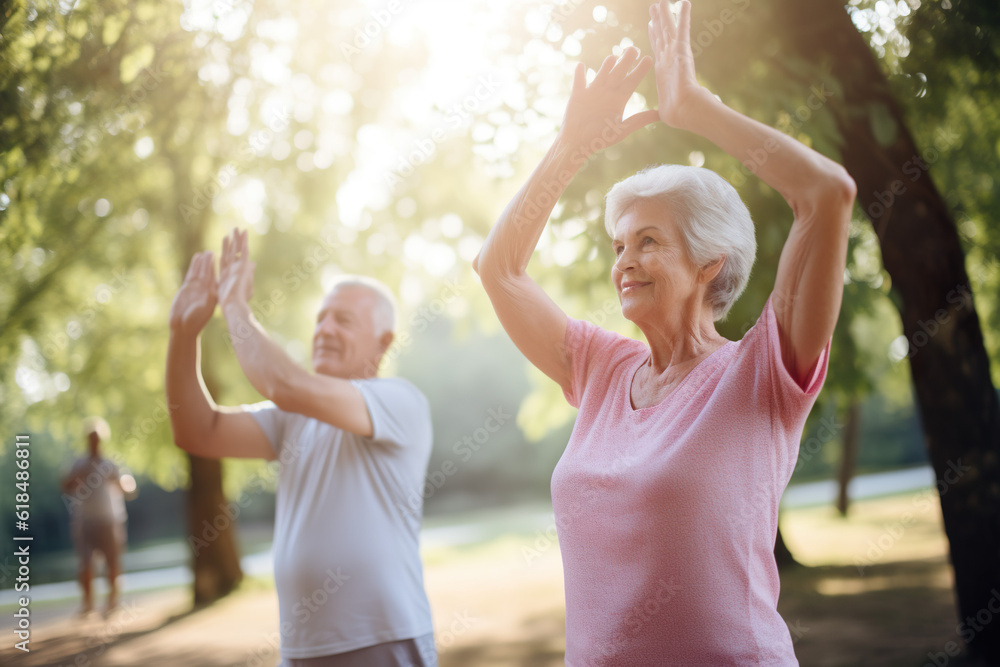 Senior couple doing yoga in park, AI generated Senior couple doing yoga in park, AI generated