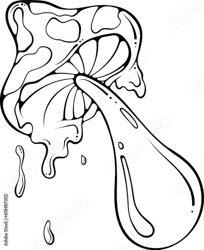 Groovy hippie fly agaric mushroom with drops. Retro 70s psychedelic funky fungus. Vintage nostalgia vector in hand drawn sketch style. Black line art illustration isolated on white. Coloring book